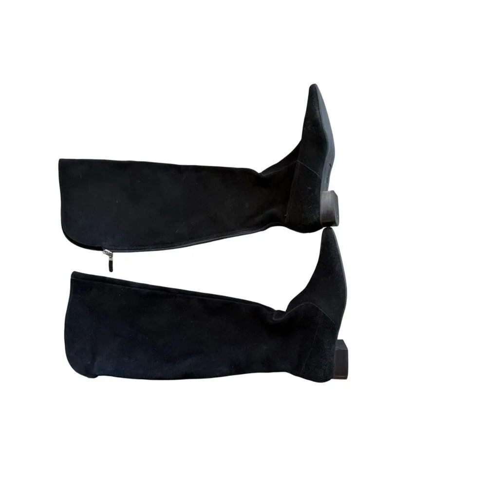 Talbots Womens Black Suede Cuffed Pointed Toe Low Block Heel Tall Boots Size 8B